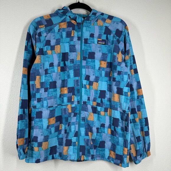 Patagonia Kids’ Baggies Hooded Jacket Zip Up Blue Geometric Print Size XXL(16-18 - Picture 1 of 7